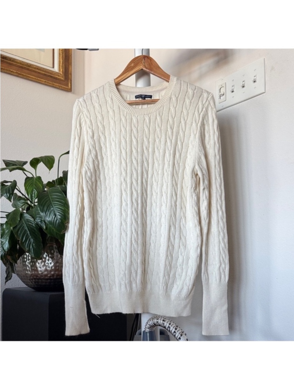 GAP Women's Ivory Cable Knit Angora Rabbit Blend Sweater Sz XL Crew Clean Girl